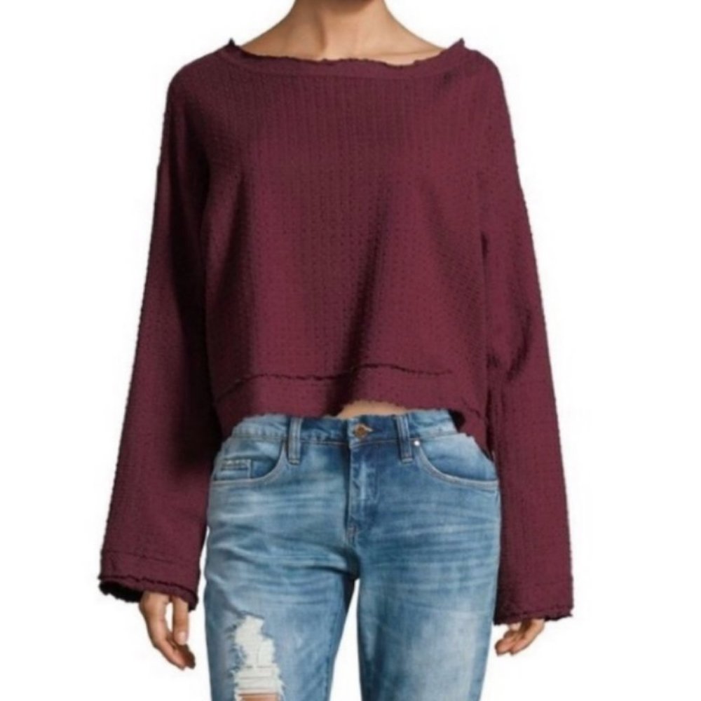 Free People Women's Size L Maroon/Burgundy Cropped open back long sleeve blouse